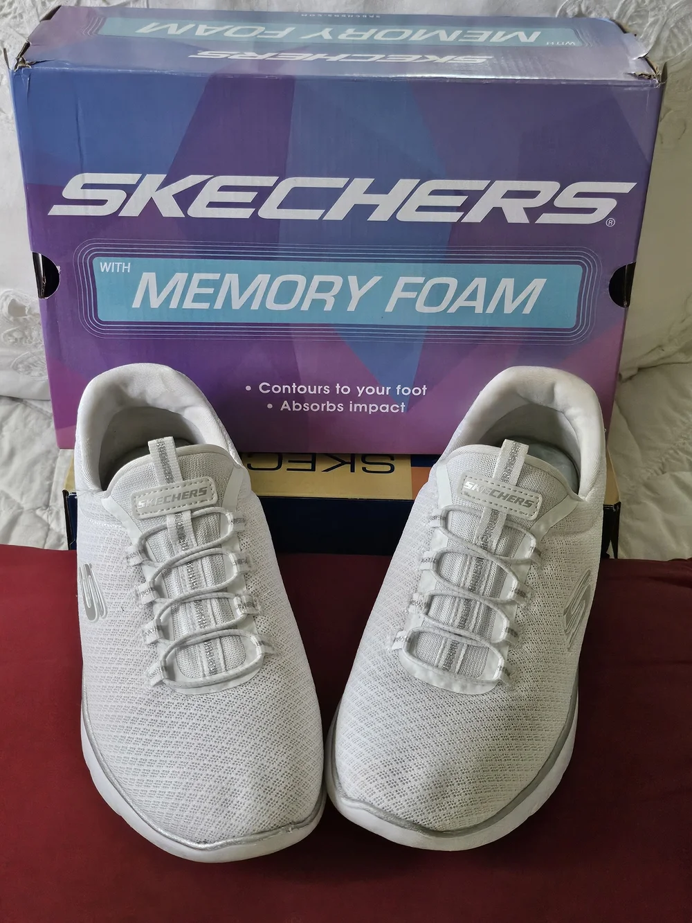 Skechers Women's White Memory Foam Sneakers w/ Silver accents - Size 7 - Picture 2 of 3